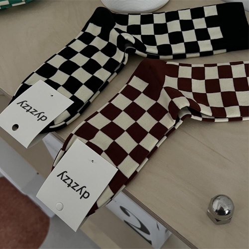 dyztzy autumn and winter checkerboard all-match cotton Socks (4 pairs)