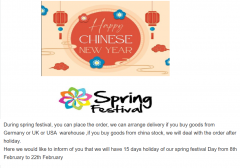 During spring festival,we can arrange delivery if you buy goods from Germany or USA  or UK warehouse