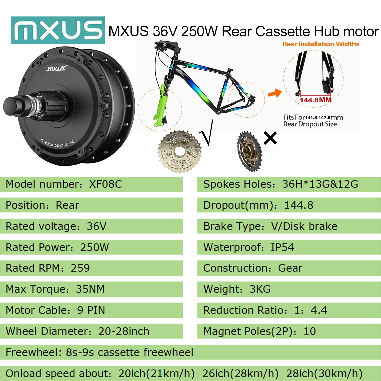 MXUS 36V 250W 350W 48V 500W High Speed Brushless Gear Hub Motor E-bike ...
