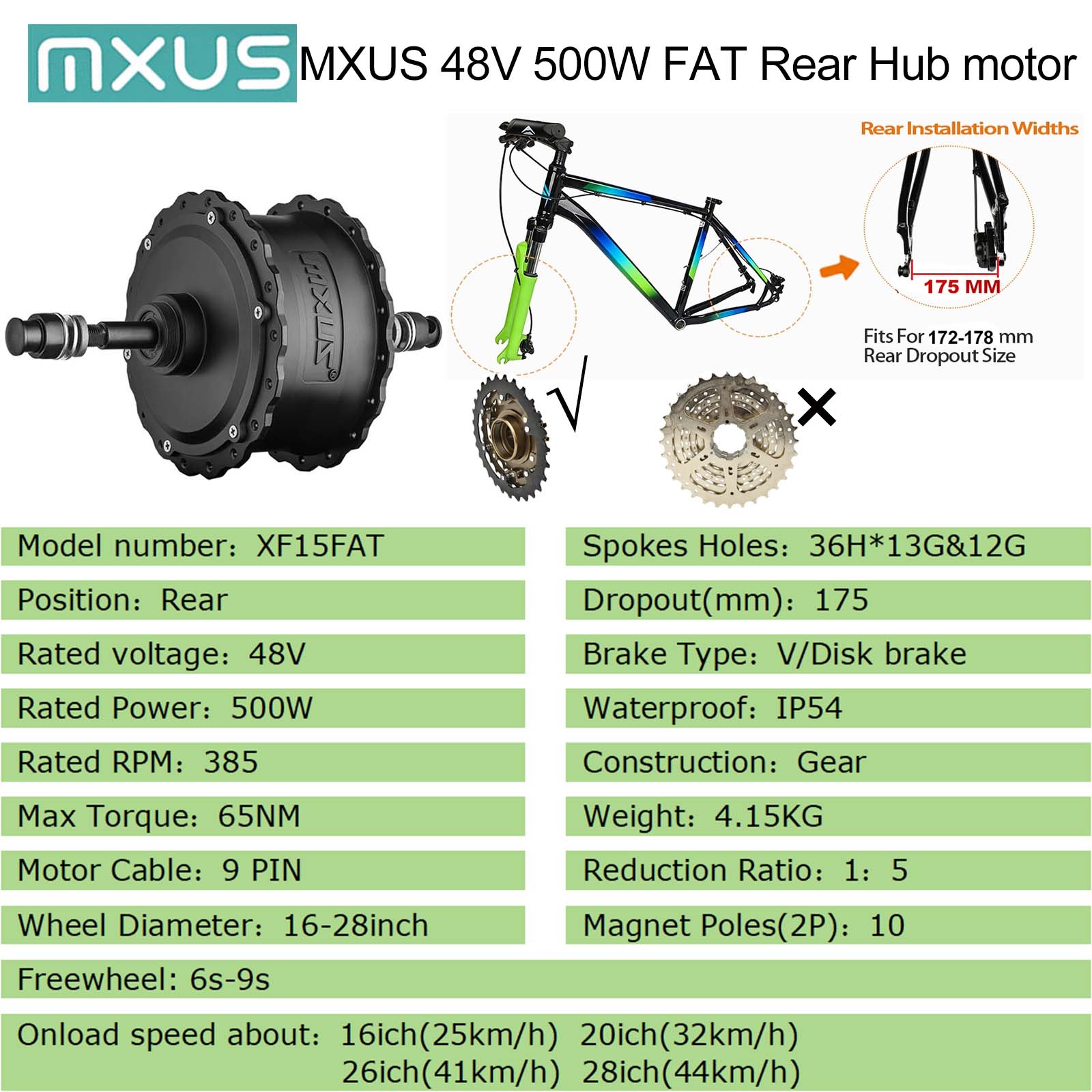 MXUS 36V 250W 350W 48V 500W High Speed Brushless Gear Hub Motor E-bike ...