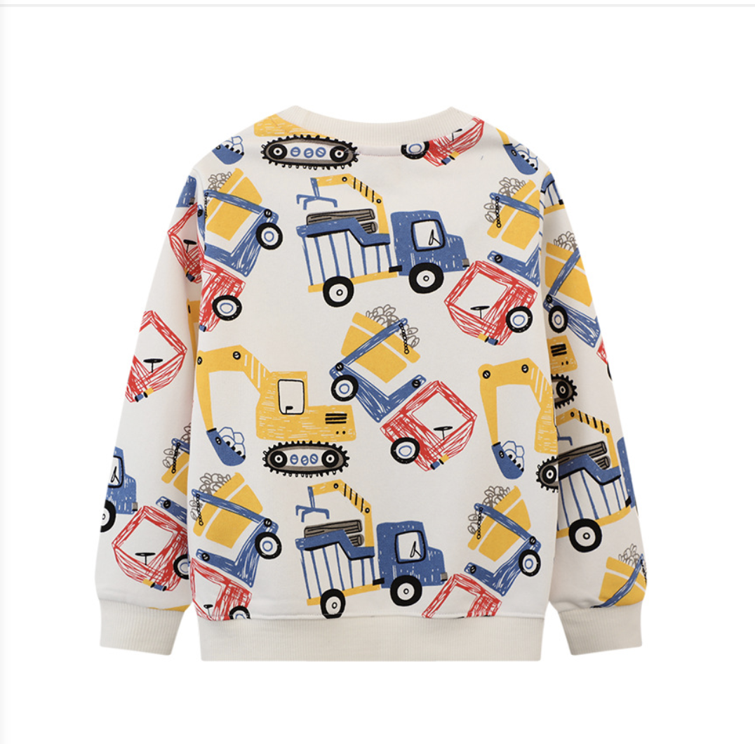 2023 spring new European and American boys' long-sleeved sweatshirt knitted round neck long-sleeved printed excavator pattern top
