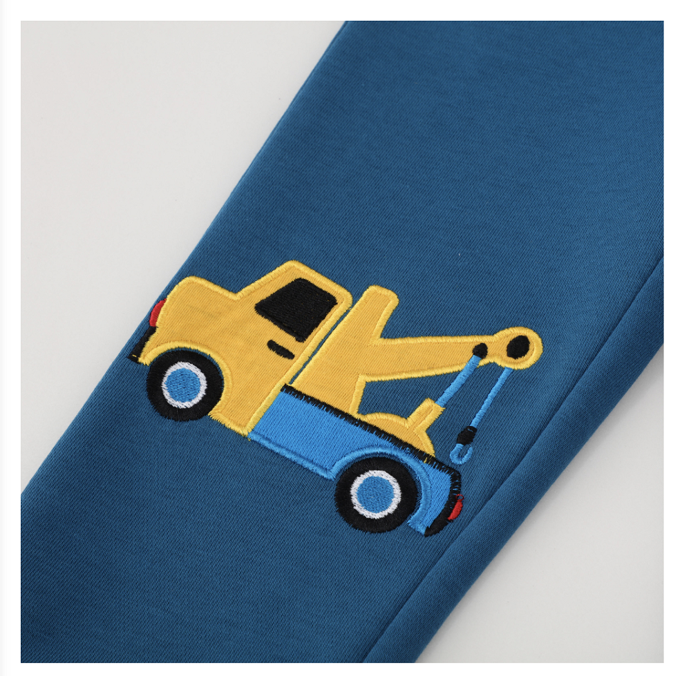 2023 European and American style children's sports pants cotton autumn new boys sweatshirt pants cartoon embroidery digger children's pants