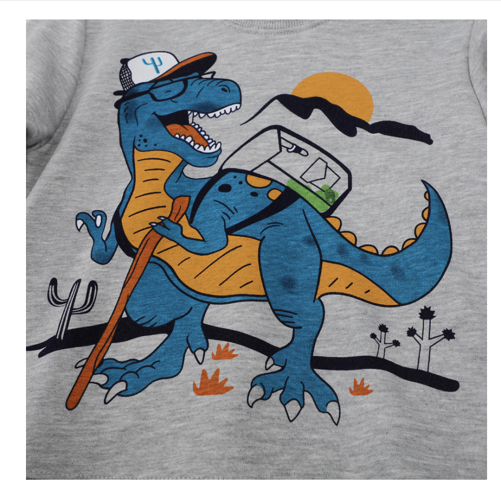 2023 Spring New Foreign Trade Children's Clothing Amazon Boys Long Sleeves Long Pants Cotton Sweatshirt Dinosaur