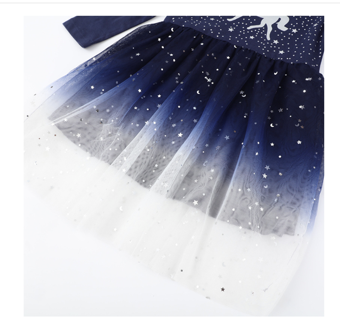 2022 Girls Star Gauze Dress Long Sleeve Autumn Princess Dress New Girls Spring and Autumn Unicorn Dress