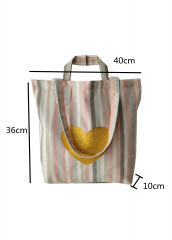 Striped grid printing glitter print Promotional natural cotton linen carry tote shoulder shopping bag