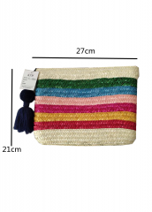 Straw Paper Makeup Zipper Pouch Small Cosmetic Bag with tassel pu wrist strap