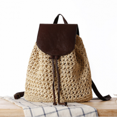 New style PU leather backpack custom logo summer double shoulders straw woven bag beach bag straw bags woman handbags ladies