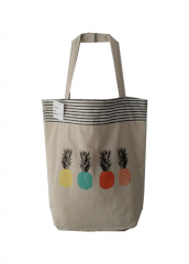 Stripe stitching lovely printing Promotional natural cotton linen carry tote shoulder shopping bag