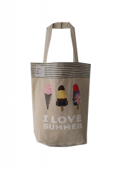 Stripe stitching lovely printing Promotional natural cotton linen carry tote shoulder shopping bag