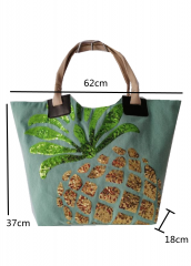 pineapple Embroidery sequins Eco Friendly Cotton Canvas Large Capacity Summer Beach Bag With Ribbon handle