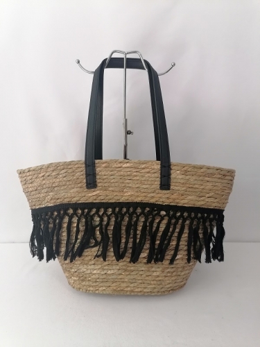 Straw Paper Weaving Beach Bag with tassels Leather handle shoulder bag