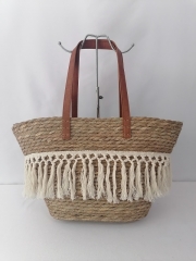 Straw Paper Weaving Beach Bag with tassels Leather handle shoulder bag