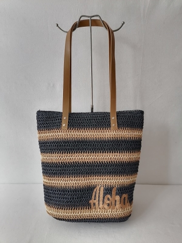 Straw Paper Weaving Beach Bag with tassels Leather handle shoulder bag