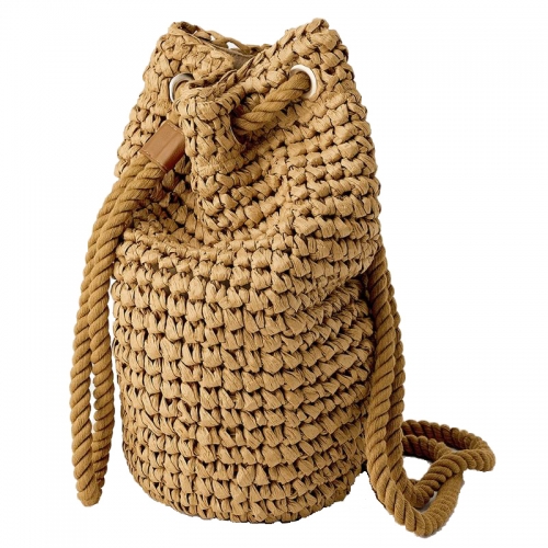 Hot fashion handmade crocheted brown paper straw backpack with cotton rope straps