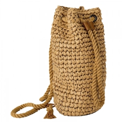 Hot fashion handmade crocheted brown paper straw backpack with cotton rope straps