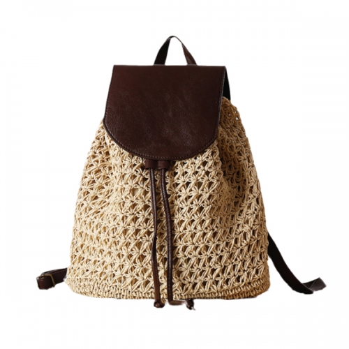 New style PU leather backpack custom logo summer double shoulders straw woven bag beach bag straw bags woman handbags ladies