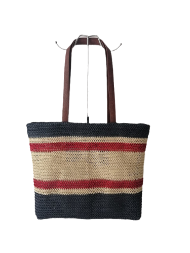 Colorful Paper Straw Durable PU Handle Customized Color Paper Straw Bags , Beach Tote Bags