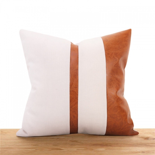 Modern Tan Accent Pillow Covers Farmhouse Decor Stripe Linen Patchwork Faux Leather Throw Pillow Covers