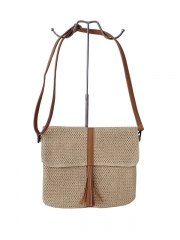 Eco Friendly 2023 Summer Women Leather Shoulder Strap Satchel Beach Tote Handbag Paper Straw Bucket Bag