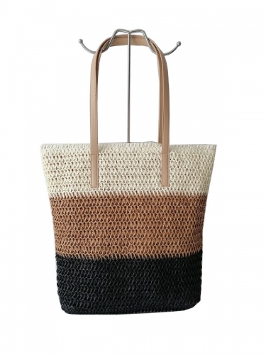 Factory customized logo Raffia straw tote shoulder handbag Polyester bag paper straw beach bag with PU handle