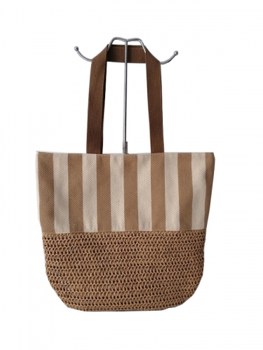 Customization Natural Canvas Tote Bag with Woven Paper Straw Bottom Cotton Shopping Bag Combine Woven Paper Straw Large Capacity