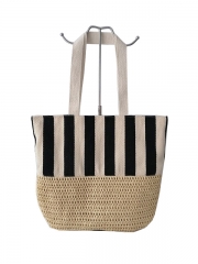 Customization Natural Canvas Tote Bag with Woven Paper Straw Bottom Cotton Shopping Bag Combine Woven Paper Straw Large Capacity