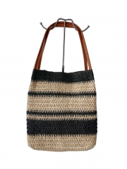 Natural Paper Straw Crochet Handmade Tote bag Fashion Lady Beach Bag with Pu handle large capacity