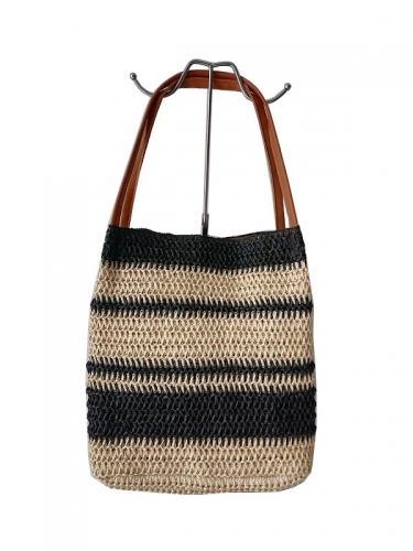 Natural Paper Straw Crochet Handmade Tote bag Fashion Lady Beach Bag with Pu handle large capacity