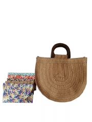 New style handmade natural material wooden handle tote bag sea grass straw ladies shoulder bag seagrass beach bag for women