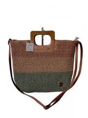 Natural Paper Straw Crochet Handmade Tote bag Fashion Lady Beach Bag with wooden handle large capacity