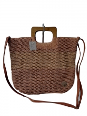 Natural Paper Straw Crochet Handmade Tote bag Fashion Lady Beach Bag with wooden handle large capacity