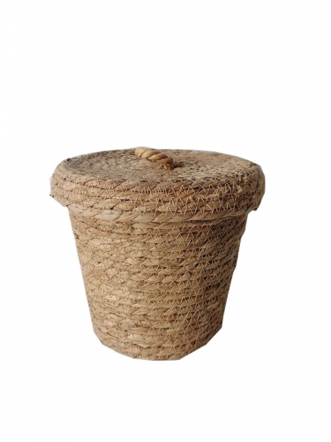 Customized neantening small jute rope straw storage basket with lid