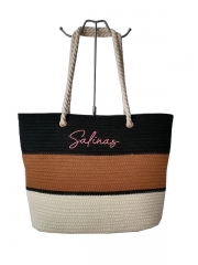 wholesale oversized women beach tote bag striped flower pattern beach bag with cotton rope handle