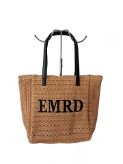 Factory customized logo Raffia straw tote shoulder handbag Polyester bag paper straw beach bag with PU handle