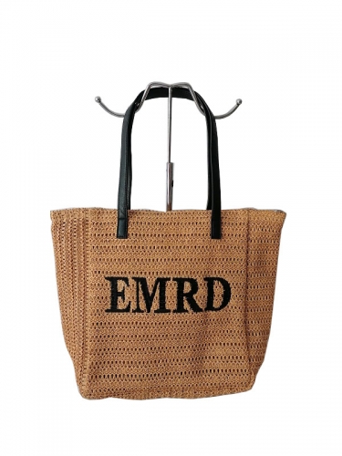 Factory customized logo Raffia straw tote shoulder handbag Polyester bag paper straw beach bag with PU handle