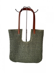 Natural Paper Straw Crochet Handmade Tote bag Fashion Lady Beach Bag with Pu handle large capacity