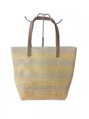 Factory customized logo Raffia straw tote shoulder handbag Polyester bag paper straw beach bag with PU handle