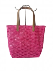 Factory customized logo Raffia straw tote shoulder handbag Polyester bag paper straw beach bag with PU handle