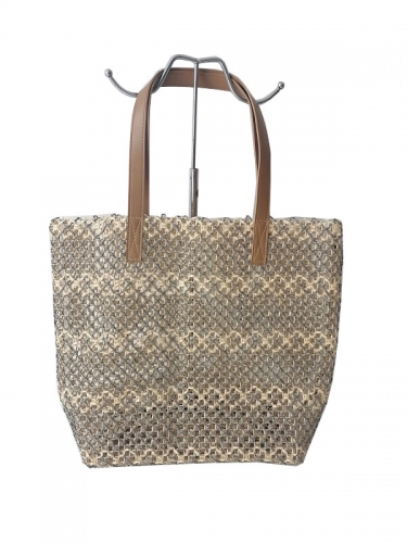 Factory customized logo Raffia straw tote shoulder handbag Polyester bag paper straw beach bag with PU handle