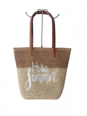 Factory customized logo Raffia straw tote shoulder handbag Polyester bag paper straw beach bag with PU handle