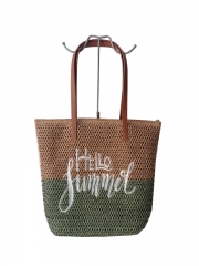 Factory customized logo Raffia straw tote shoulder handbag Polyester bag paper straw beach bag with PU handle