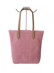 Factory customized logo Raffia straw tote shoulder handbag Polyester bag paper straw beach bag with PU handle