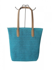 Factory customized logo Raffia straw tote shoulder handbag Polyester bag paper straw beach bag with PU handle