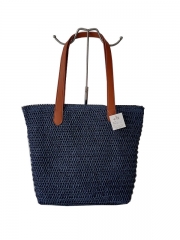 Factory customized logo Raffia straw tote shoulder handbag Polyester bag paper straw beach bag with PU handle