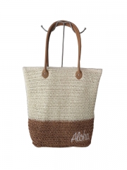 Factory customized logo Raffia straw tote shoulder handbag paper straw beach bag with PU handle