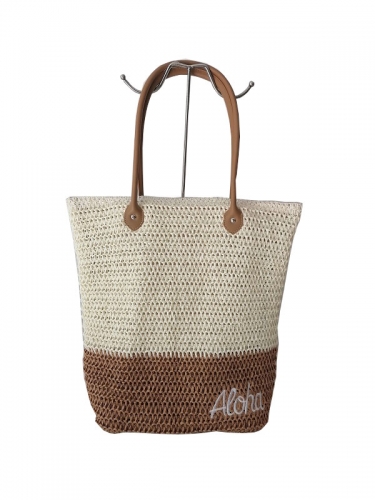 Factory customized logo Raffia straw tote shoulder handbag paper straw beach bag with PU handle