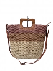 Women Beach Handmade Woven Paper Straw Large Tote Bag with Top Wooden Handle