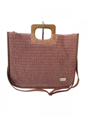 Women Beach Handmade Woven Paper Straw Large Tote Bag with Top Wooden Handle