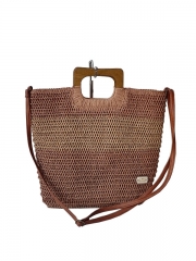 Women Beach Handmade Woven Paper Straw Large Tote Bag with Top Wooden Handle