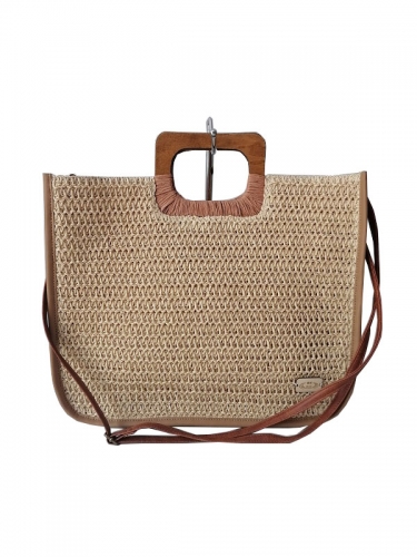 Women Beach Handmade Woven Paper Straw Large Tote Bag with Top Wooden Handle